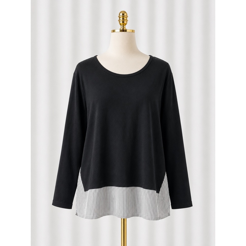 J.Jill‎ Mixed Media Top Womens XL Black with White Striped Hem Long Sleeve